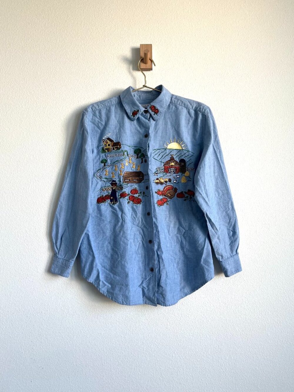 Vintage 90s Karen Scott Fall Harvest Embroidered Cottagecore Denim Shirt